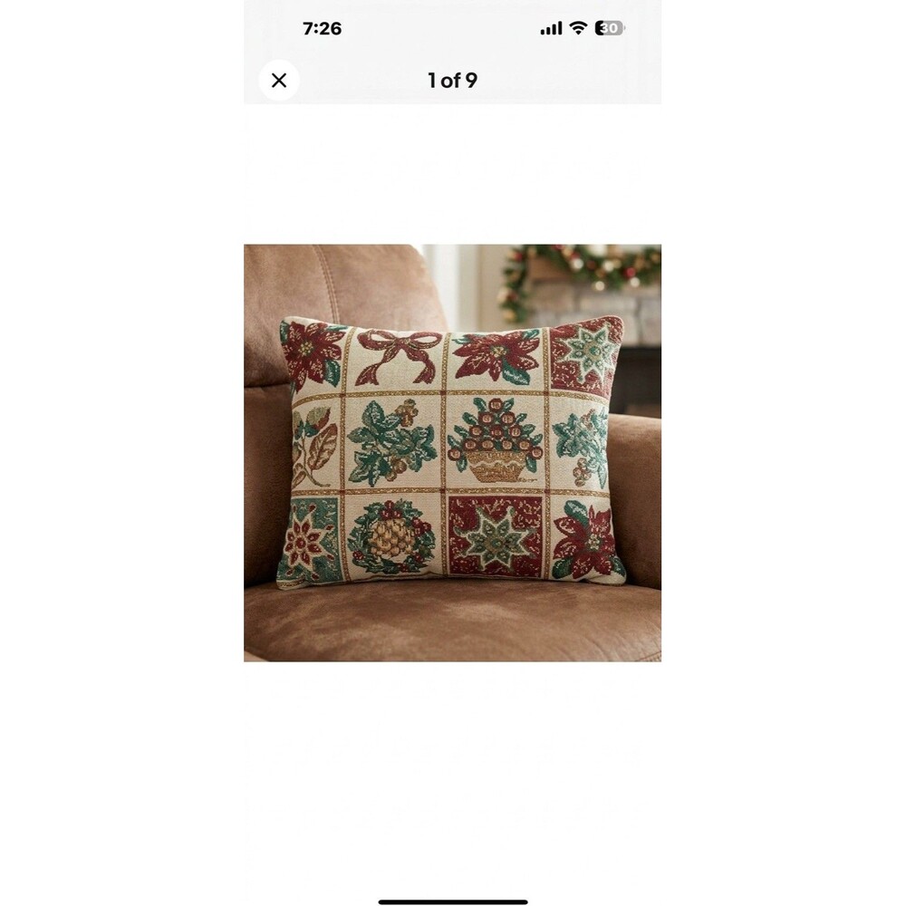 Vintage Christmas Tapestry Accent Pillow Woven Poinsettia Holly Wreath Holiday